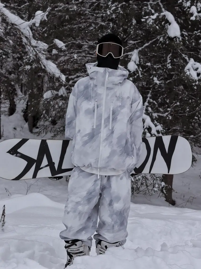 Snowproof White and Gray Printed Ski Suit, Fleece-Lined, Waterproof, Windproof, Loose Oversize Snowboard Suit Set