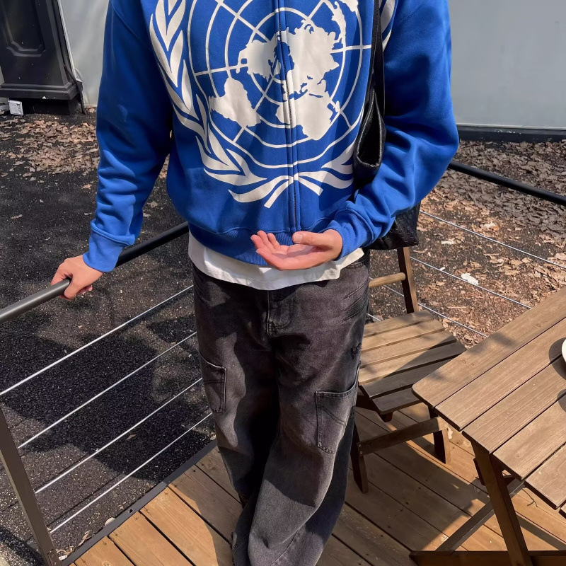 United Nations Creative Print Heavyweight Hooded Cardigan Sweatshirt for Men and Women, Spring and Autumn Loose Design Zipper Couple Jacket