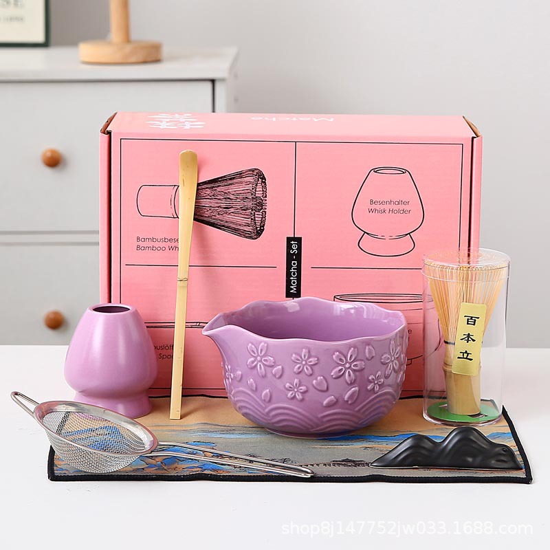 Cross-Border Special Supply of Matcha Making Tool Set, Japanese-Style Matcha Bowl, Matcha Brush, Stirrer, Petal-Shaped Tea Whisk Stand, Ceramic