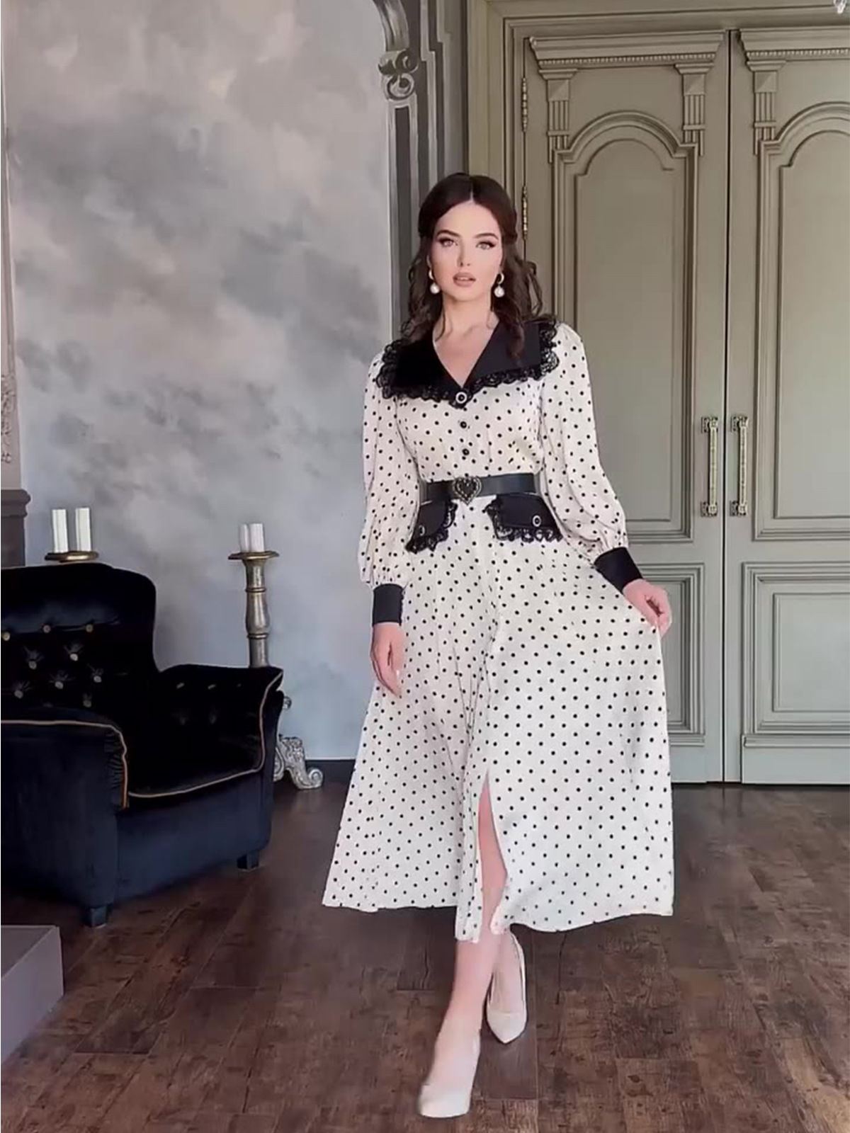 Amazon European and American Cross-Border 2026 Spring New Lace Trim Doll Collar Slim-Fit Polka Dot Print Dress