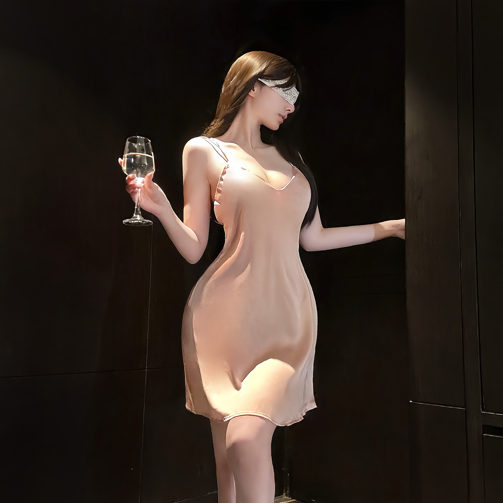 Sexy Lingerie with Exposed Breasts, Ice Silk Slit, Backless, No-Take-Off Temptation Camisole Nightdress, Pure Desire Set Qqny