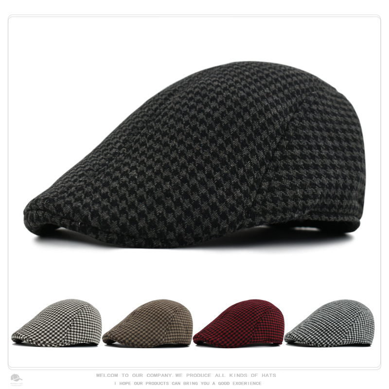 Autumn and Winter Wool Warm Cotton Houndstooth Beret Men's British Retro Casual Cap Women's Outdoor Forward Cap
