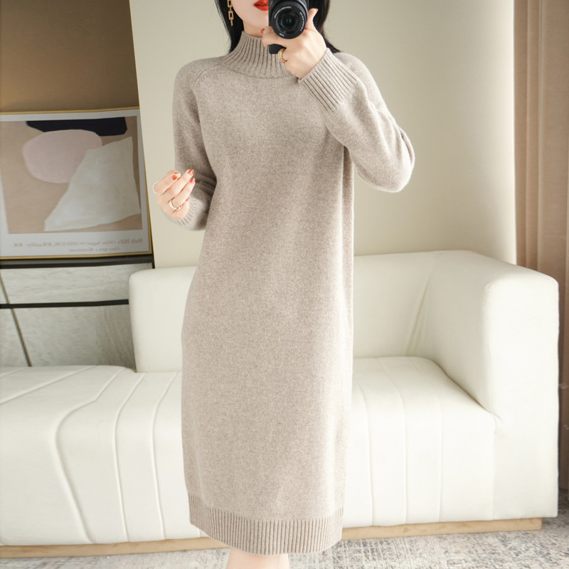 Long Sweater Dress with High Collar, Loose Knit, Korean Style, Autumn and Winter 2026 New Model, Base Layer for Women