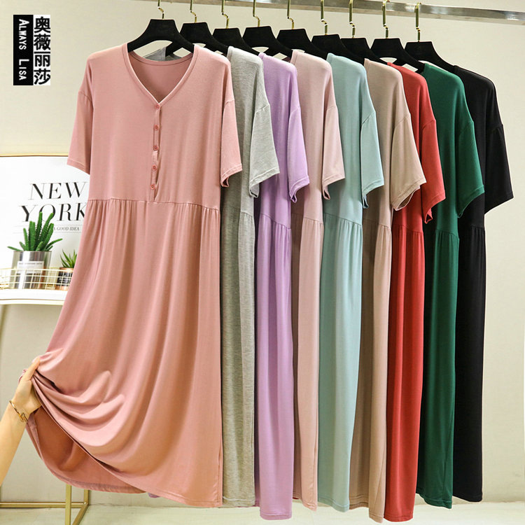 Summer outdoor wear modal short sleeve dress women's loose large swing skirt button V-neck bottoming skirt home casual skirt