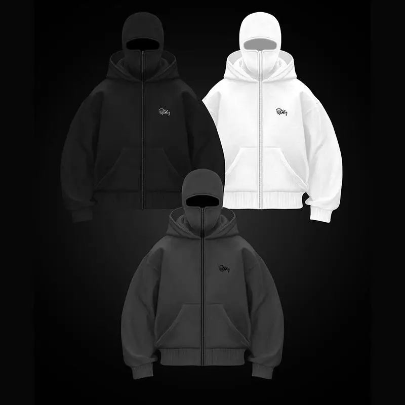 Cross-border fashion brand fleece-lined double hat unique design hooded sweater autumn and winter new men's and women's loose Y2K sweater