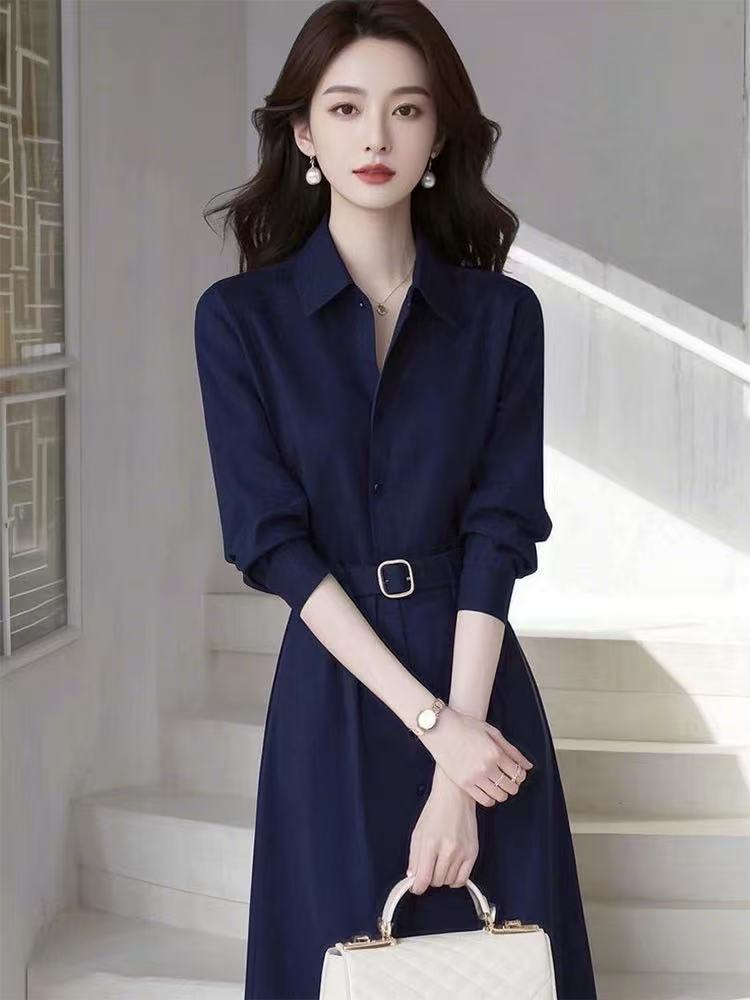 Spring French Temperament Socialite High-end Goddess Fan Light Luxury High-end Formal Occasion Blue Shirt Dress