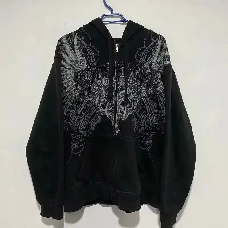 American Y2K New Fashion Trend Fleece Padded Zipper Hoodie W
