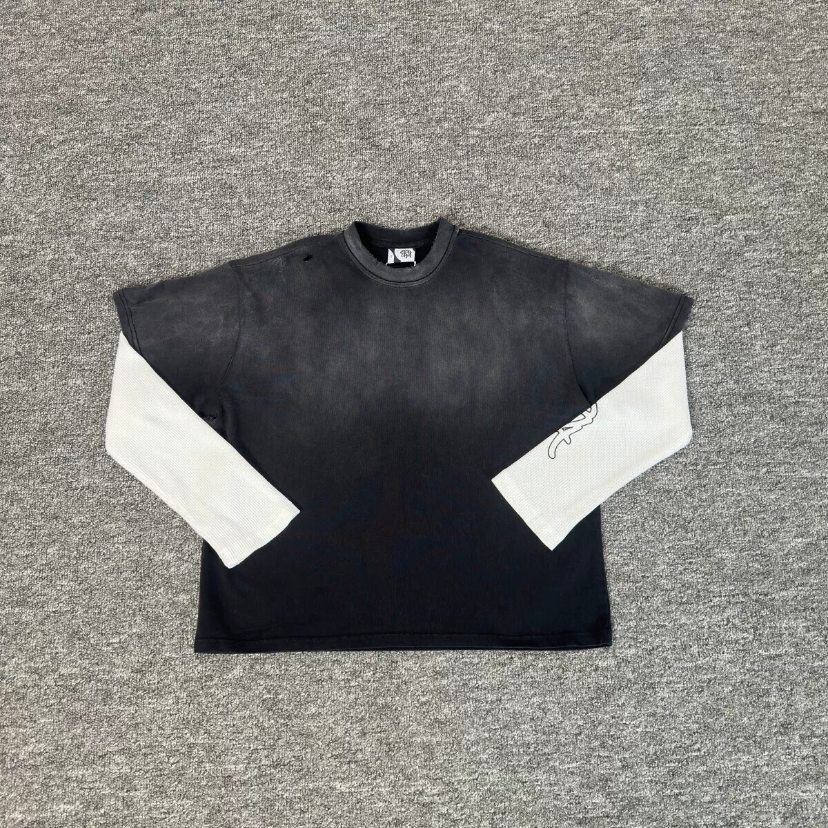 Mertra Retro Distressed Letter Embroidery Fake Two-Piece Base Shirt Unisex Loose Trendy Long-Sleeve T-Shirt Autumn Foto QC de TAOBAO na Qualit.ly