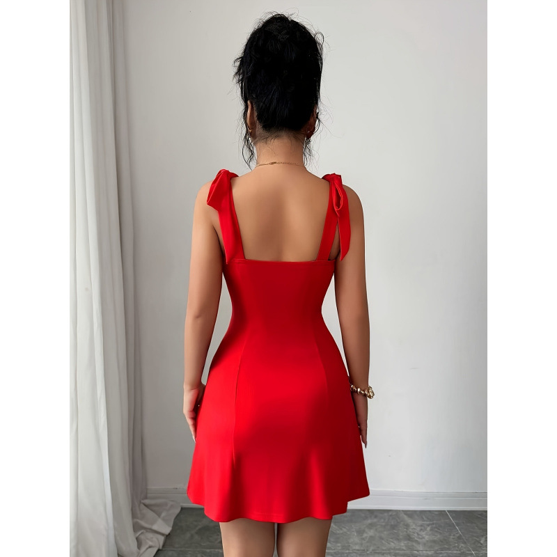 Ladies' Summer Fashion Elegant Solid Color Pearl-Decorated Knitted Short A-Line Dress Suitable for Going Out and Dating