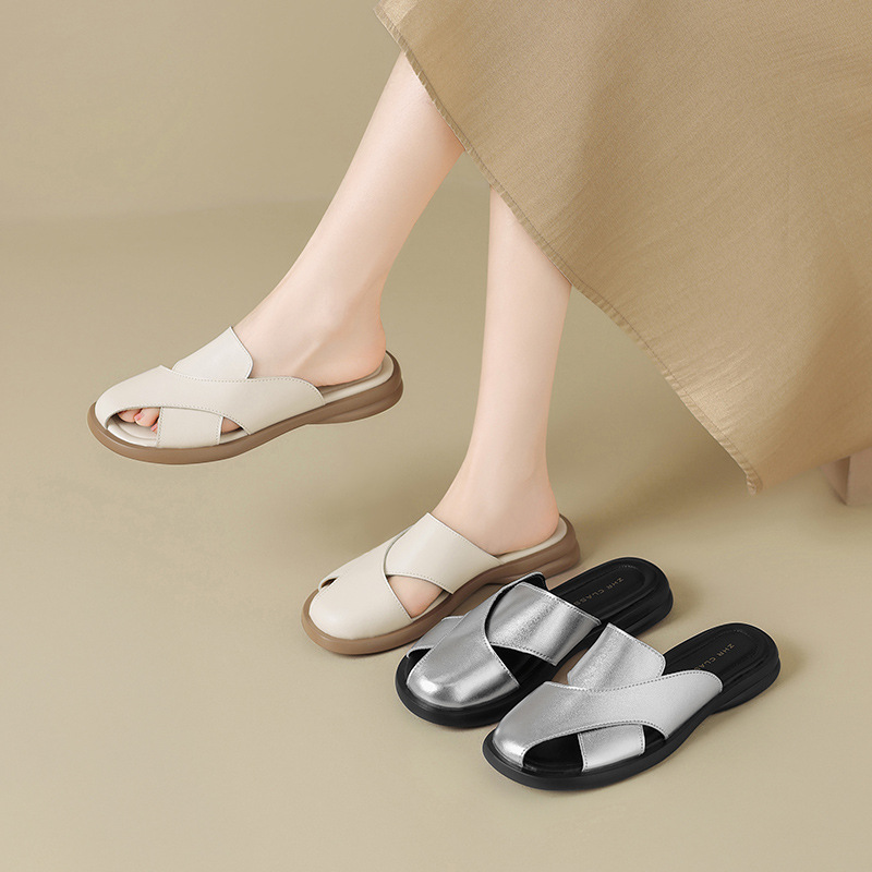 Zhr Flat Hollow-Out Closed-Toe Women's Summer Slip-On Slippers Lightweight Silver Lazy Mules