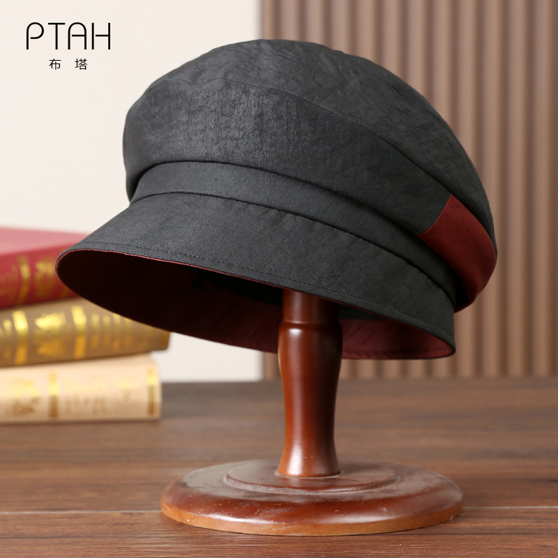 Buta Sunscreen Hat Xiangyun Yarn Hat Women's Summer Heavy Mulberry Silk Black Turtle Old Material Beret Spring and Autumn PT0644
