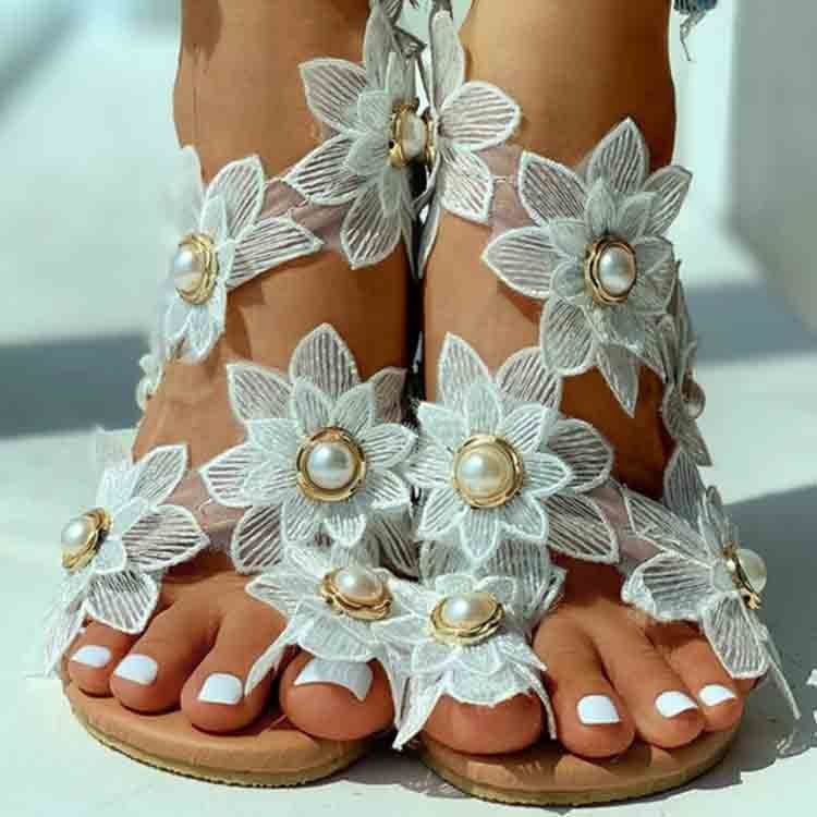 2022 sunflower three-dimensional flower Pearl women's large size toe flat sandals