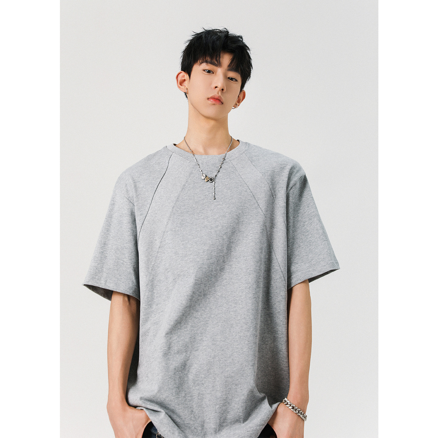 American-Style Patchwork Short-Sleeve T-Shirt for Men, Summer Heavyweight Trendy Brand, Boxy Loose Fit, Solid Color Versatile Casual Top