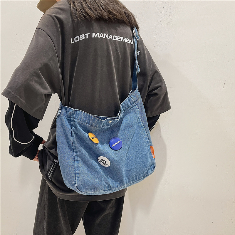 Hong Kong Style Denim Crossbody Bag Women's Ins Shoulder Bag Retro Old Student Trend Street Backpack Retro Trend