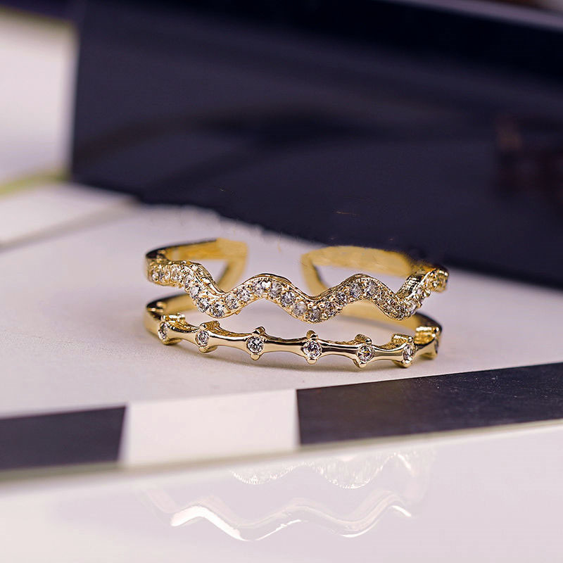 Real Gold Electroplated Oil-Drip Copper Inlaid Diamond Personalized Wave-Shaped Ring for Women, Multi-Layer Water Pattern Wave Ring with Gold Plating and Inlaid Diamonds