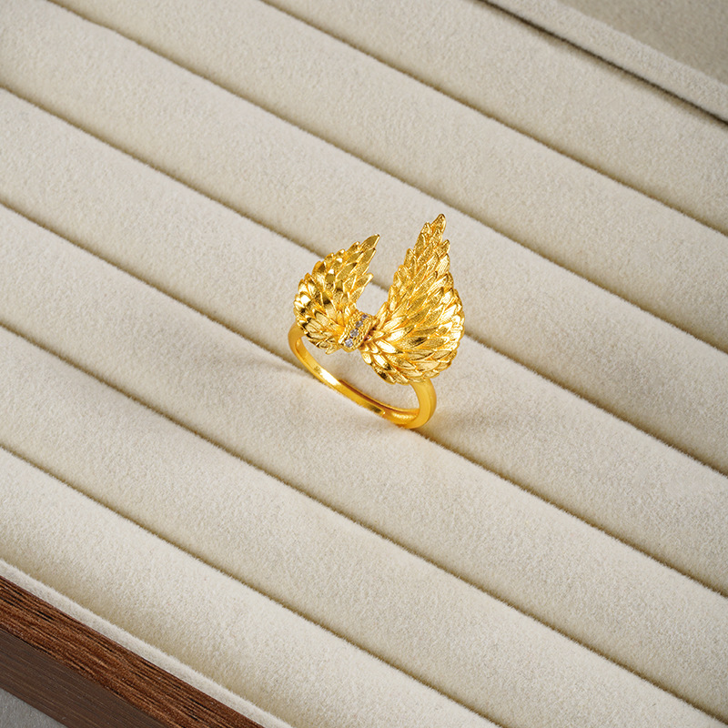 Vietnamese Sand Gold Angel Wings Earring and Ring Set for Women, Imitation Gold with Diamond-Encrusted Wings Necklace, Cross-Border Jewelry Manufacturer