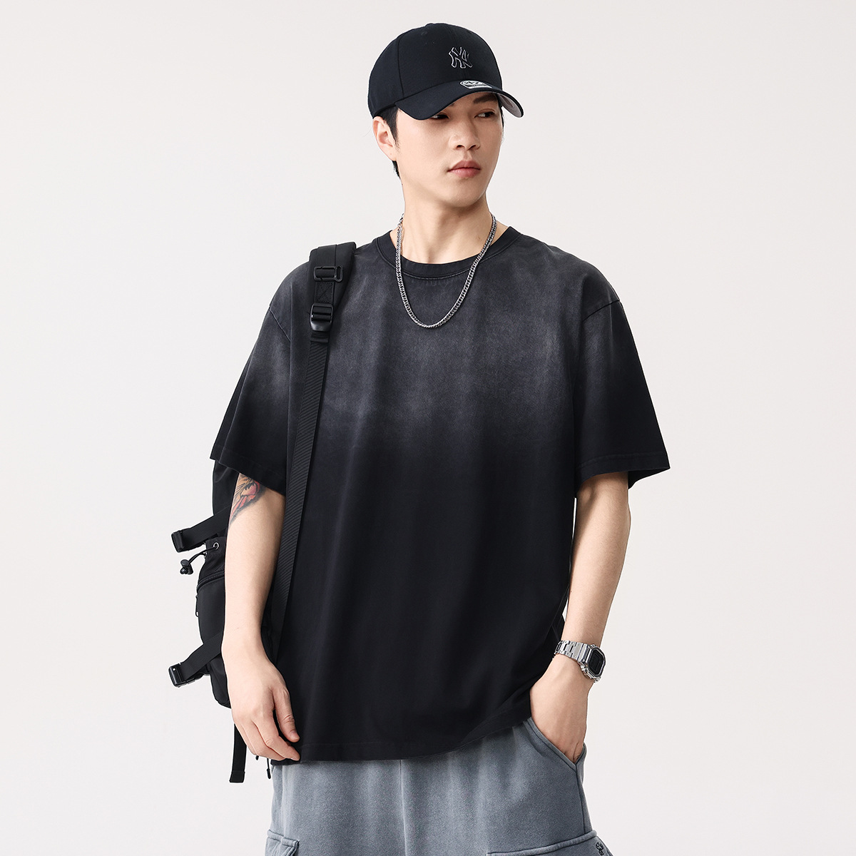 T6019 | Plus Size Men's Summer New Retro Washed Gradient Round Neck T-Shirt Men's Loose Trendy Brand Off-Shoulder Short Sleeves