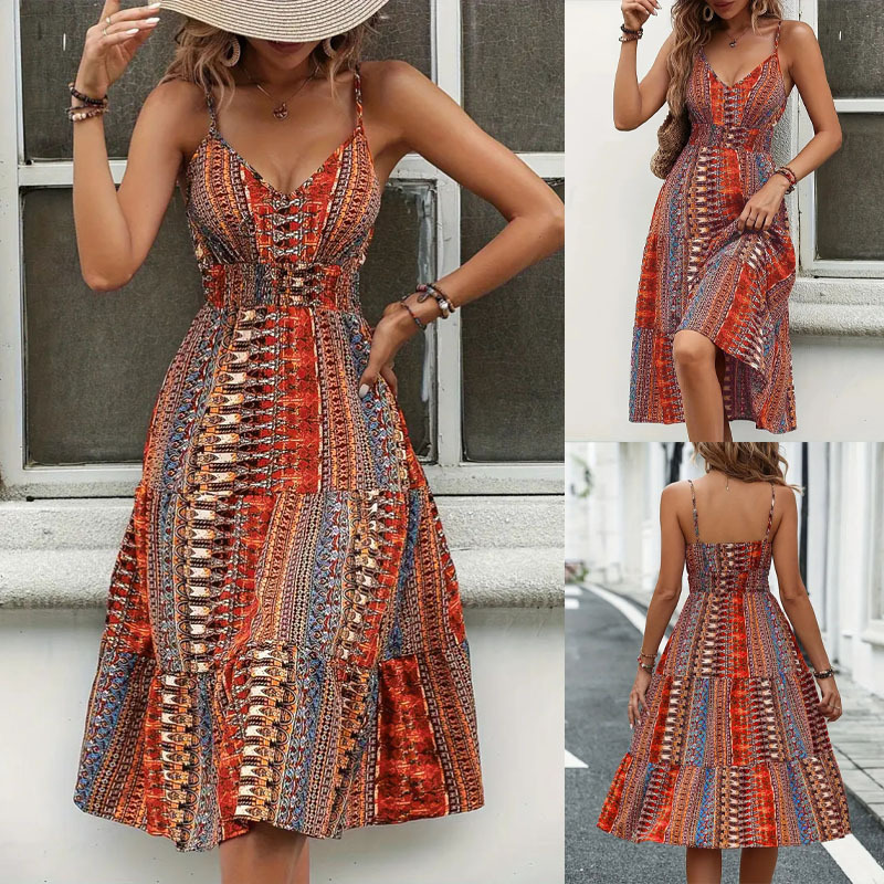 2025 Amazon Export Summer Fashion Printed Suspender Skirt Fashion Sexy V Neck Backless Sleeveless Dress for Women