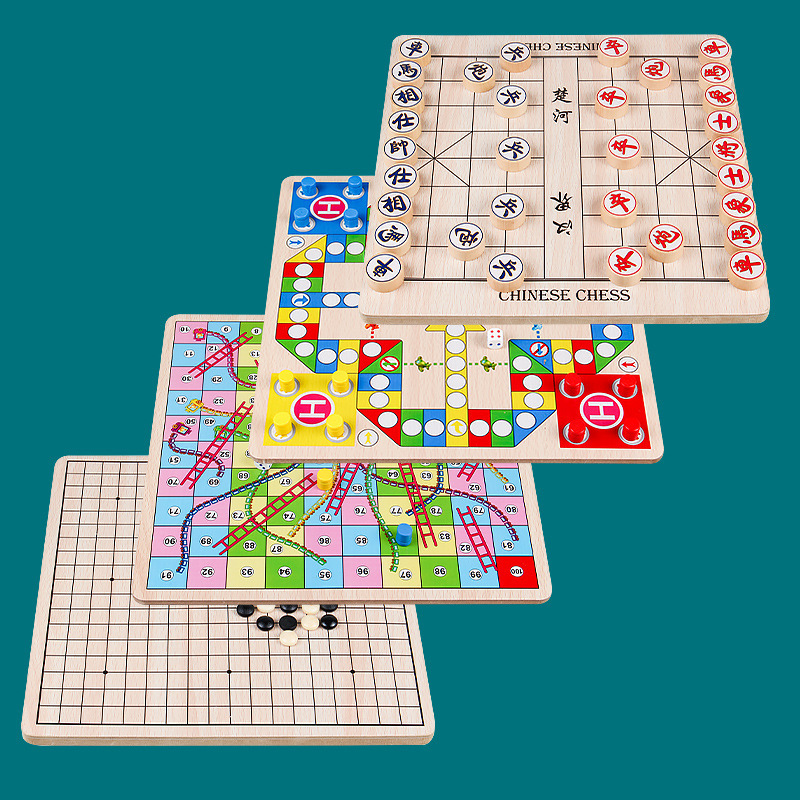 Wooden Large Two-in-One Game Chess Gobang Flying Chess Parent-Child Interactive Desktop Game Factory Direct Supply
