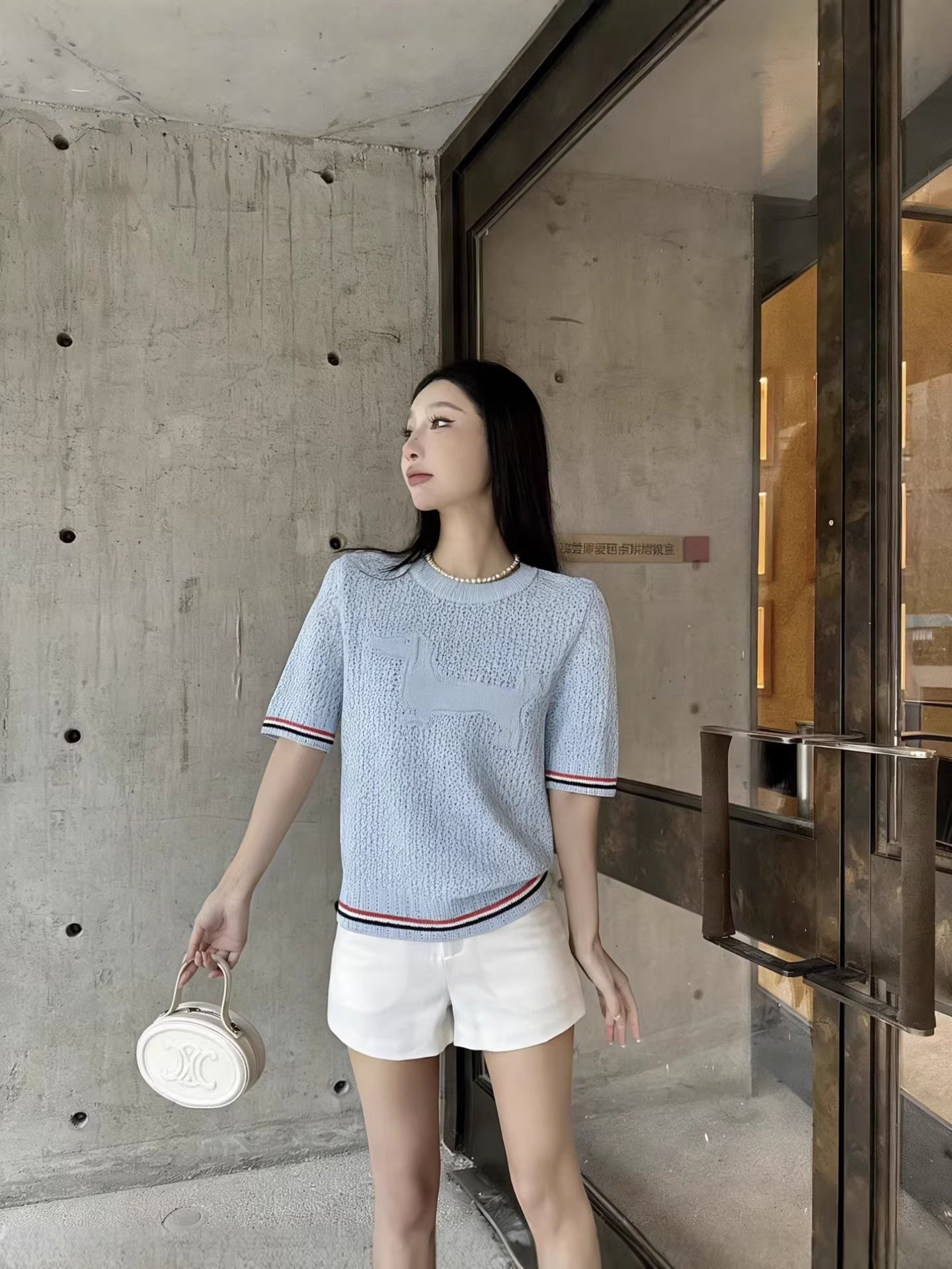 High-End Designer 26Th Summer New Style Round-Neck College-Style Chic Hollow-Out Slightly Sheer Jacquard Short-Sleeve Knit Top with Dog Pattern