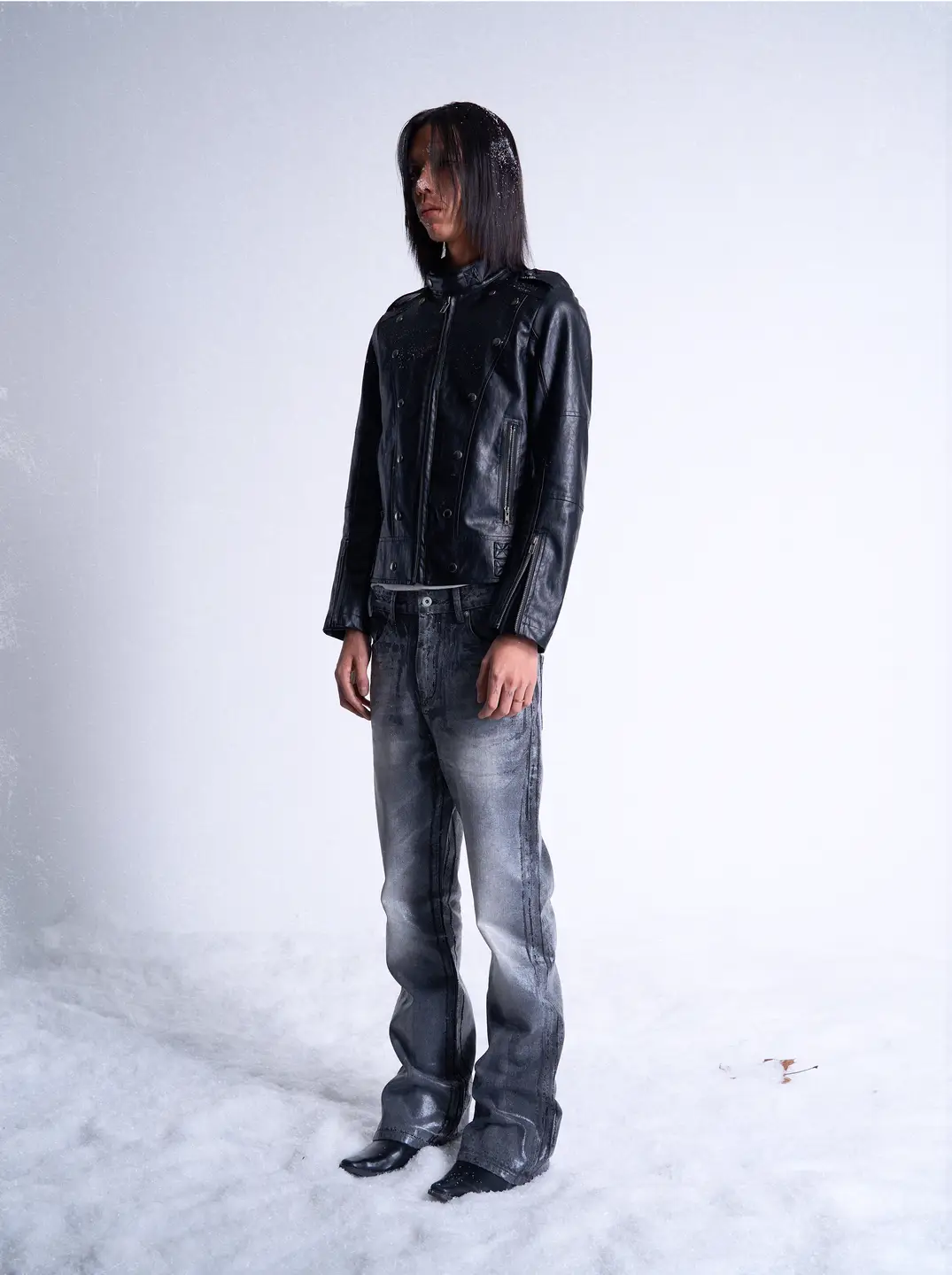 NoEmosen (noE) cracked, waxed, scarred, washed with water 13.5 oz micro flared fit black grey jeans