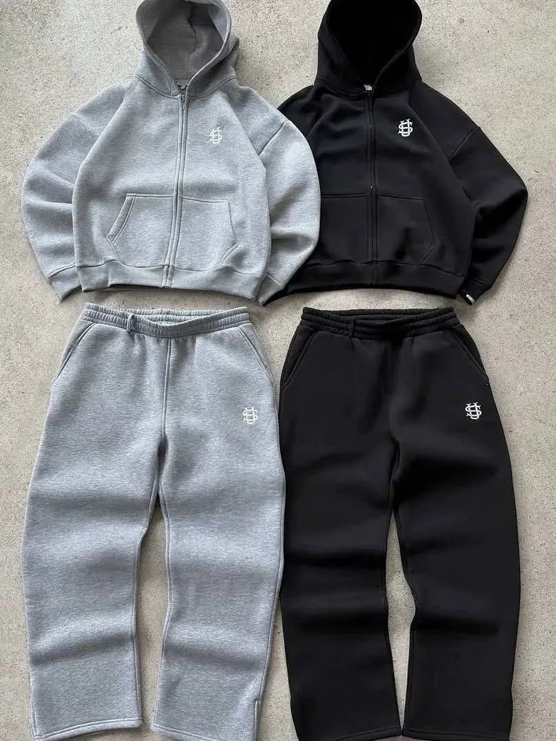 European and American fashion hoodie solid color embroidery casual hoodie sweatpants high street hip-hop rap street high-end set