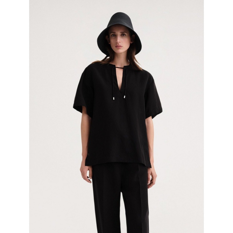 Longmei Loose Linen Tencel Short-Sleeved Shirt for Women 2026 Spring and Summer New Tot Style Simple Lace-Up V-Neck Top
