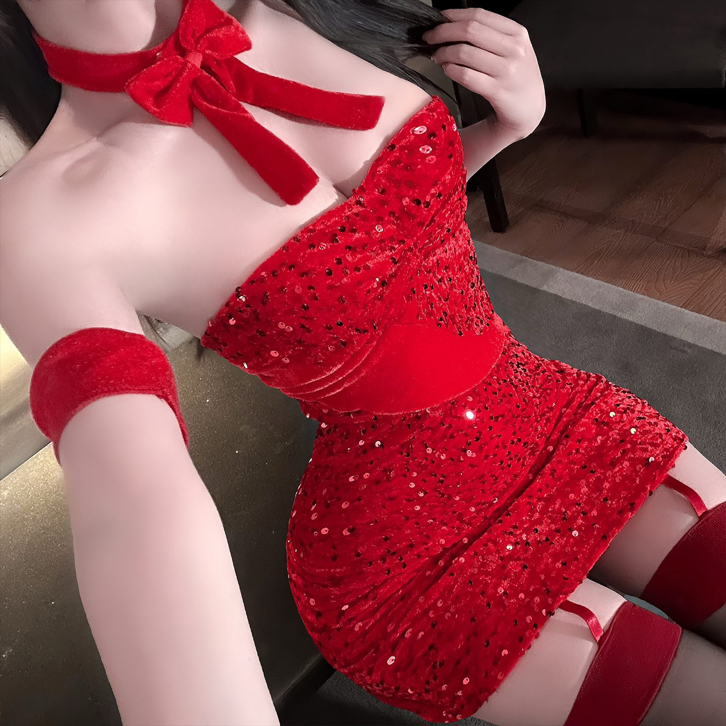 Golden Night Christmas Strapless Flirting Sexy Lingerie Pure Desire Style Sequined Girls' Bodycon Skirt Sensual Temptation Qqny