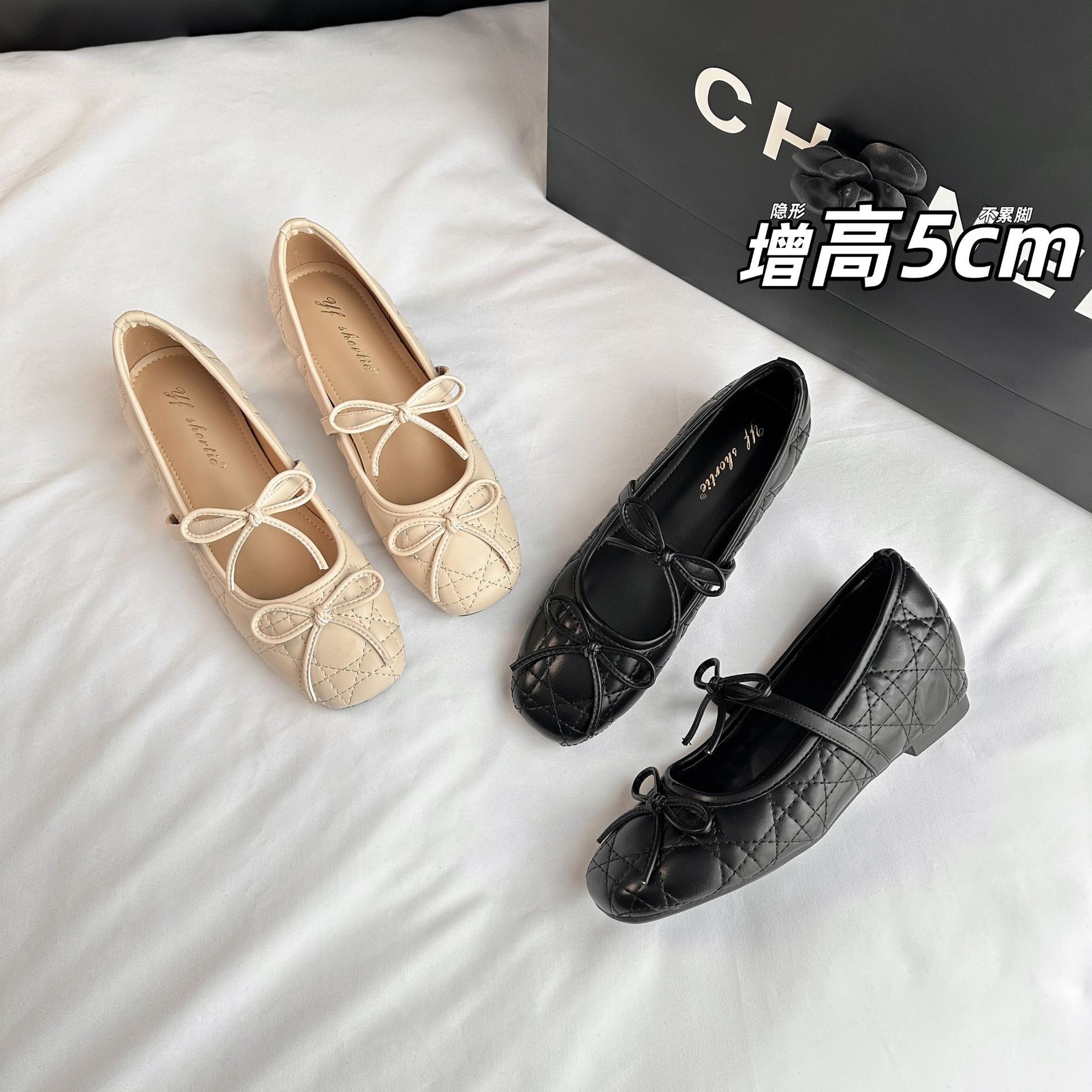 5cm Height-Increasing Diamond-Pattern Square-Toe Soft-Soled Mary Jane Shoes for Women, 2026 New Fairy-Style Bowknot Single-Strap Shoes