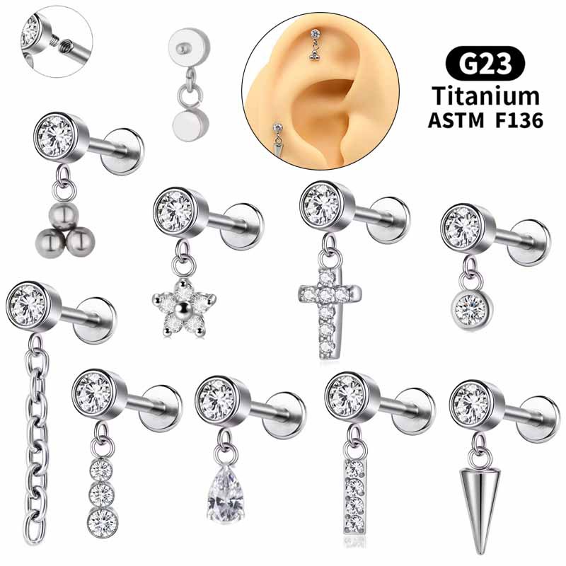 Flat Bottom Rod Lip Nail G23 Pure Titanium Alloy Lip Ring Zircon Inner Dental Bag Inset Earrings Ear Bone Nail Earrings Ear Holes