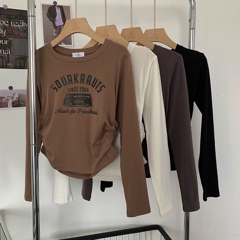 New American Style Retro Design Sense Printed Long-sleeved T-shirt Women's Chic Spice Girls Slim-fit Slimming Ins Trendy Base Top