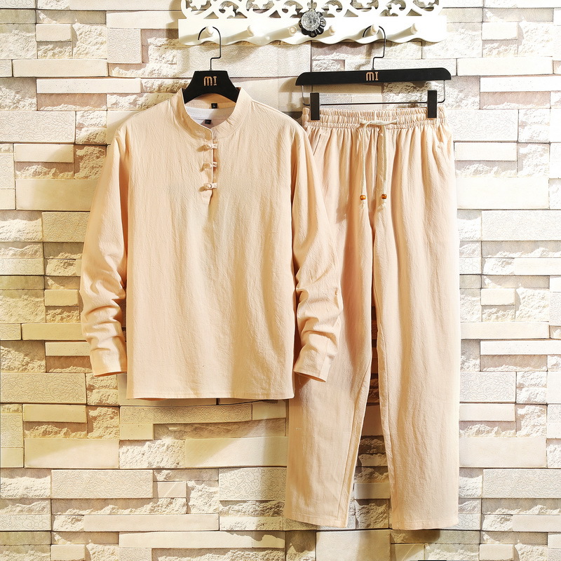 Men's spring and autumn cotton and linen long sleeve suit men's Chinese style linen trousers buckle Tang suit top plus size Hanfu tea suit