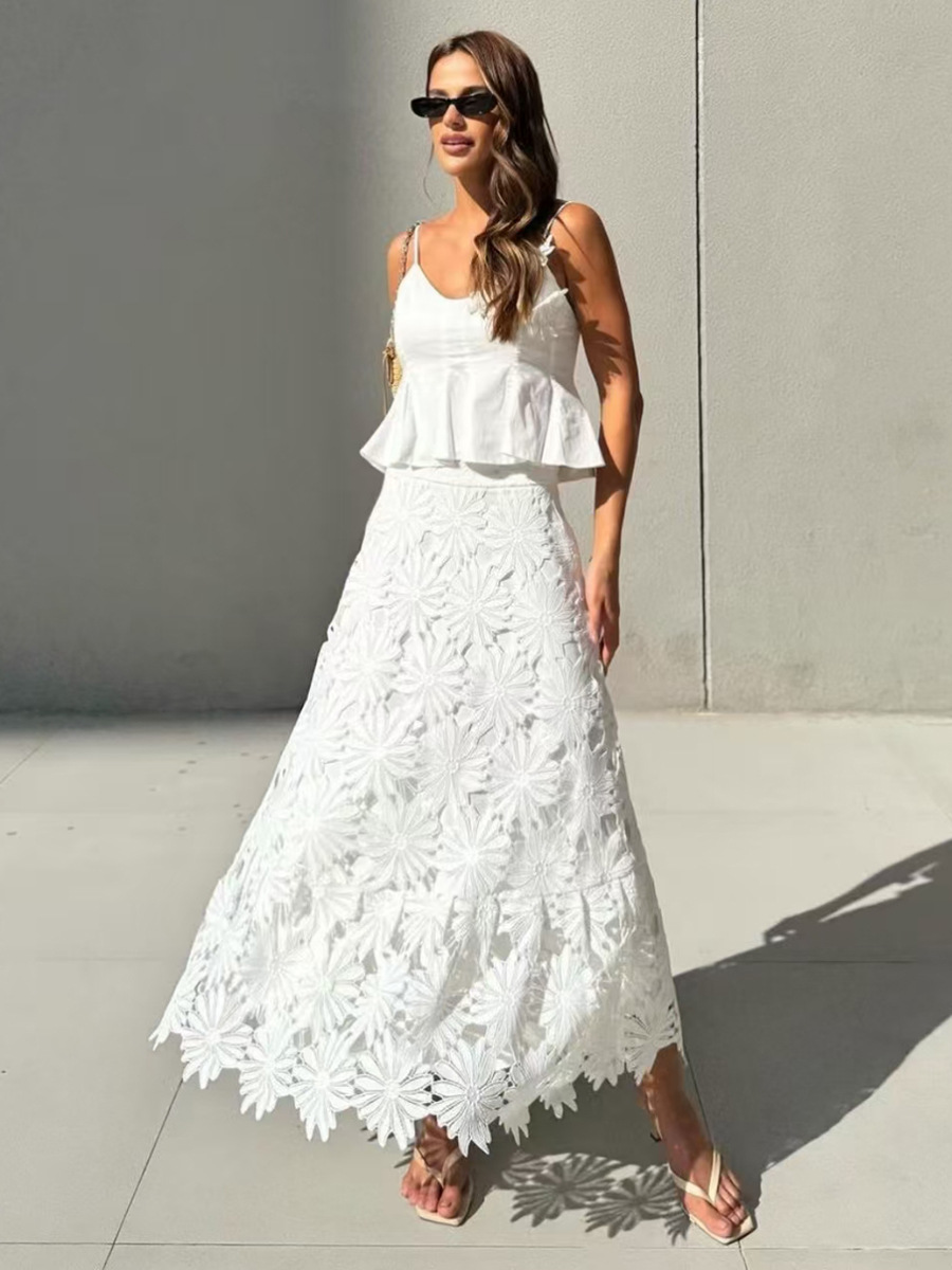 European and American Style Sexy Two-Piece Set 2026 Summer New Style Ruffled Halter Top + Embroidered Skirt Set