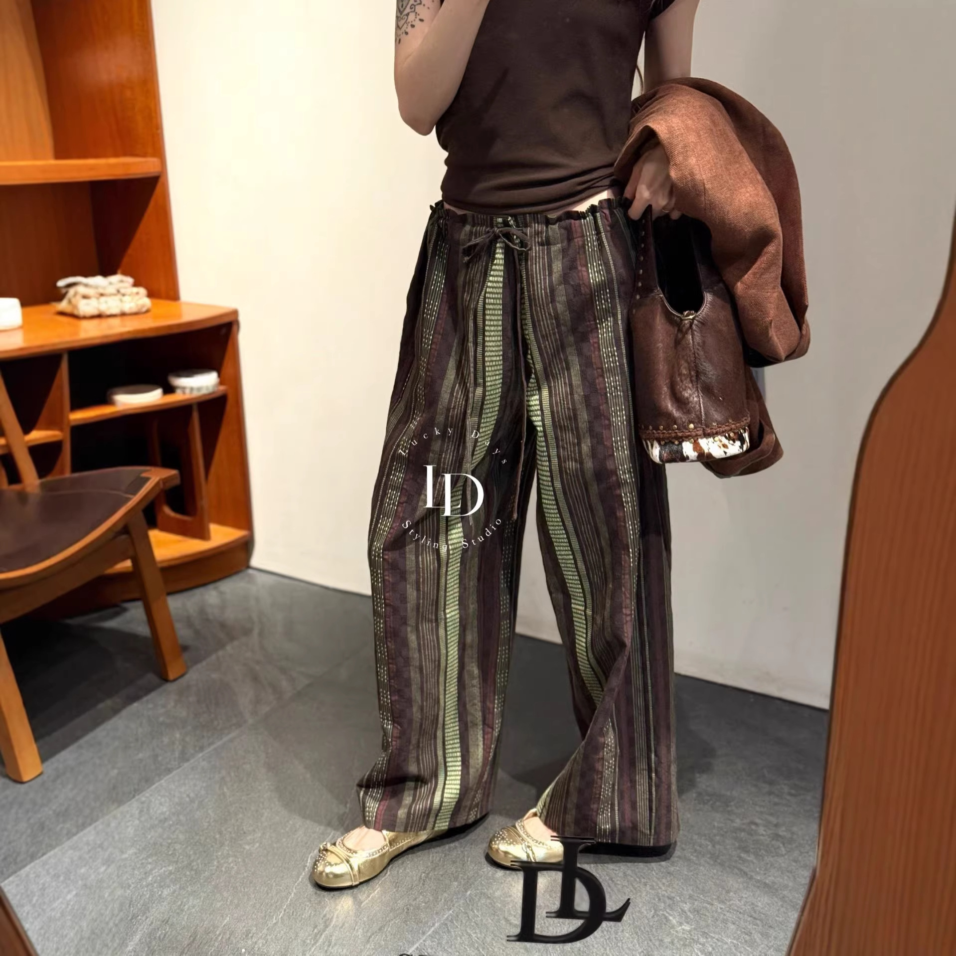 Nanyou 26 Relaxed, Cool, Dry, Comfortable, Linen, Lazy, Loose, Mid-High Waist, Straight Striped Wide-Leg Pants