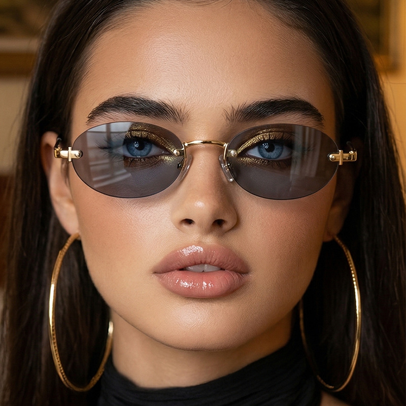 Frameless Oval Sunglasses for Women, New Small Frame Metallic Glasses in a Mature Style, Cross-Border Hot-Selling Fashion Sunglasses
