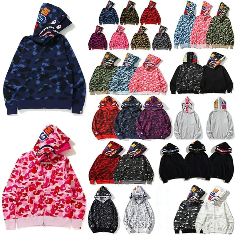 Trendy APE hooded sweatshirt with double cap zipper winter high version SHARK APE shark camouflage cardigan jacket for parent-child