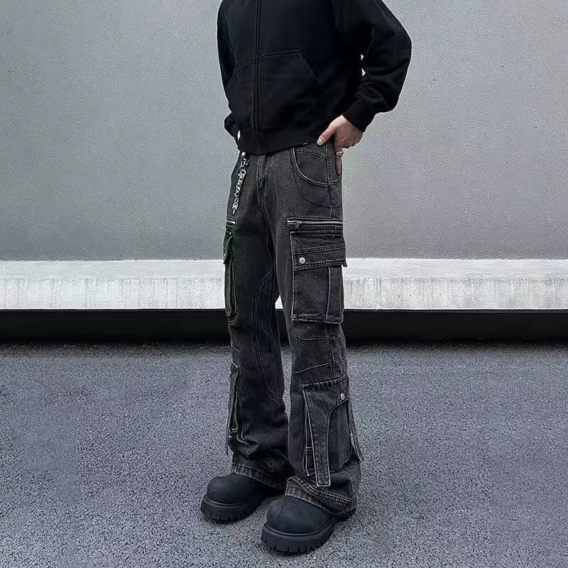 American Retro Washed Loose Gray Denim Overalls Men's High Street Multi-Flap Pocket Pants Wide-Leg Bootcut Pants Simple and Trendy