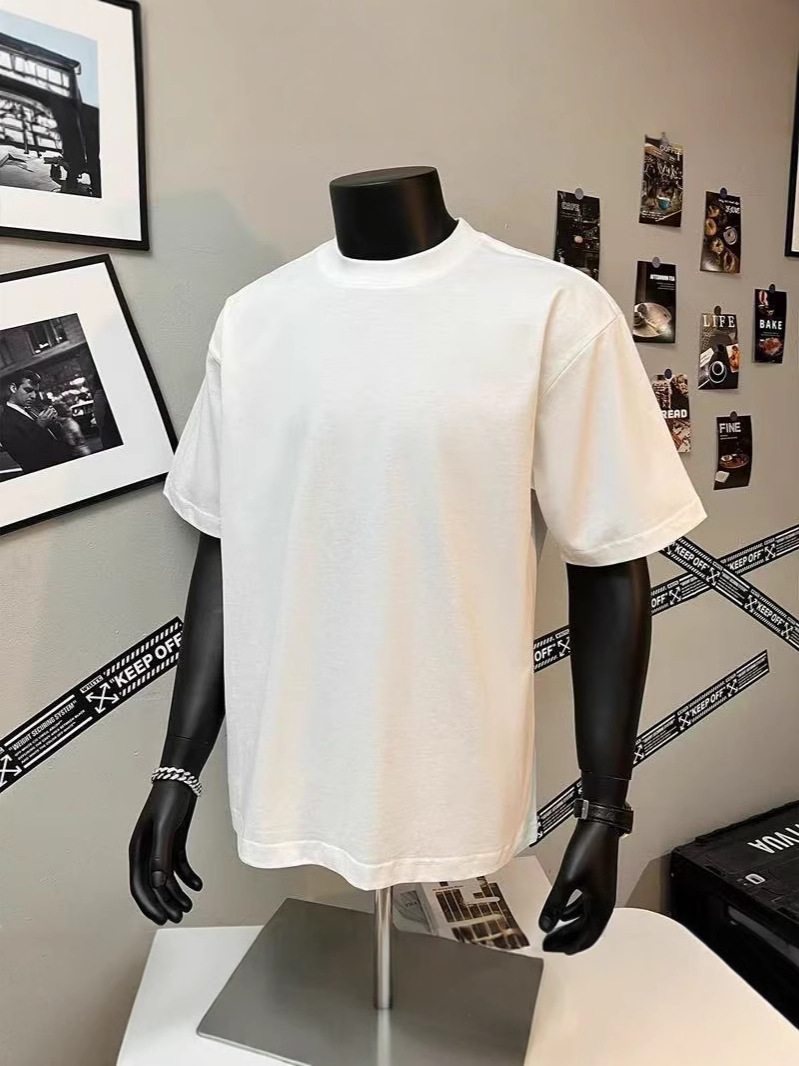 2025 Heavy Small Collar European and American Shoulder Short-sleeved T-shirt Men's Solid Color Loose Casual Couple's Ins All-match Top