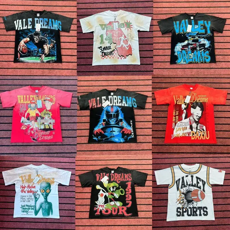 Vale Summer New Trendy Retro Character Print High Street Unisex Loose Casual Washed Vintage Short-Sleeve T-Shirt