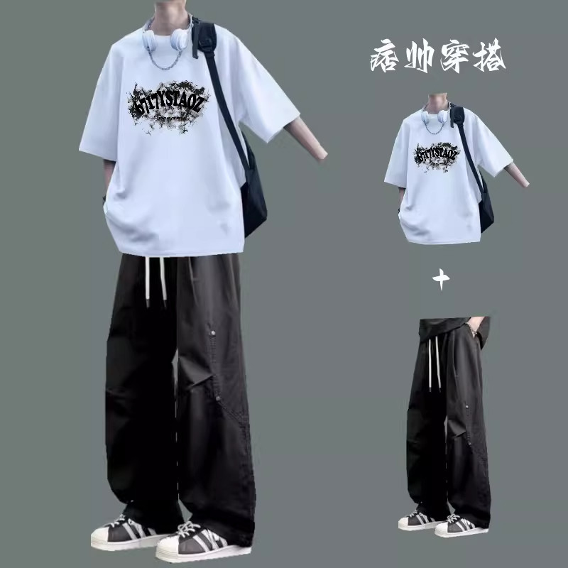 American High Street Style Short-Sleeved T-Shirt Men's Summer Outfit for Teenagers, a Stylish Set with Casual Long Pants