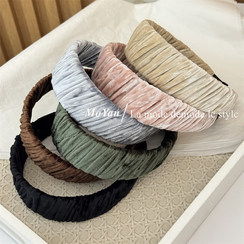 Retro Elegant Suede Headband, Versatile Pure Color Wide-Brimmed Pleated Velvet Headband, Female Lazy Atmosphere Pressure Hairpin