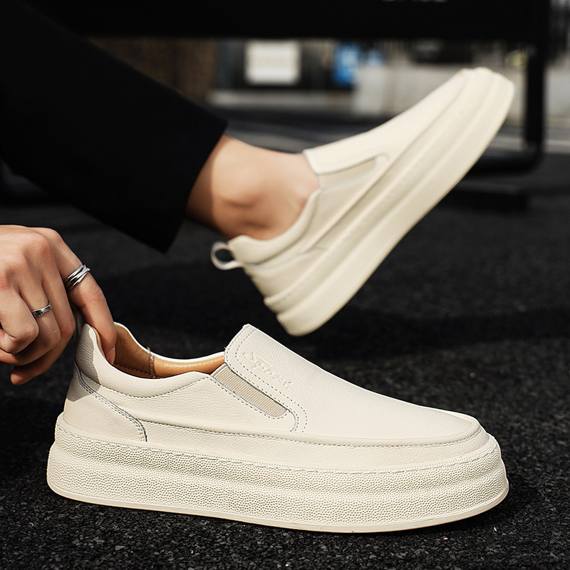 Board Shoes Men's 2024 Autumn and Winter New Thick-soled Fashionable Casual Men's Shoes Genuine Leather Slip-on Lazy People School Style White Shoes