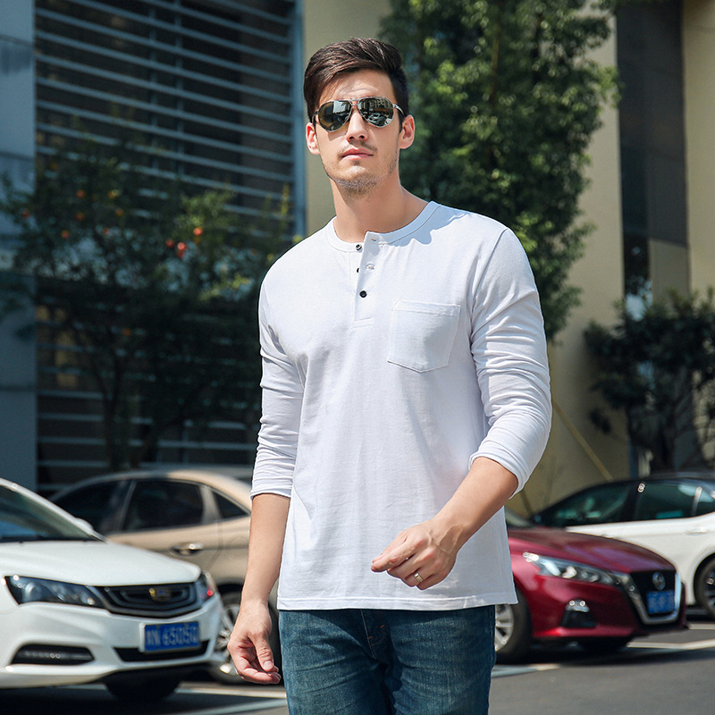 Cross-Border Men's Clothing Henry Collar Autumn and Winter Men's Pure Cotton Long-Sleeved T-Shirt Solid Color White T-Shirt Casual Thickened Round Neck