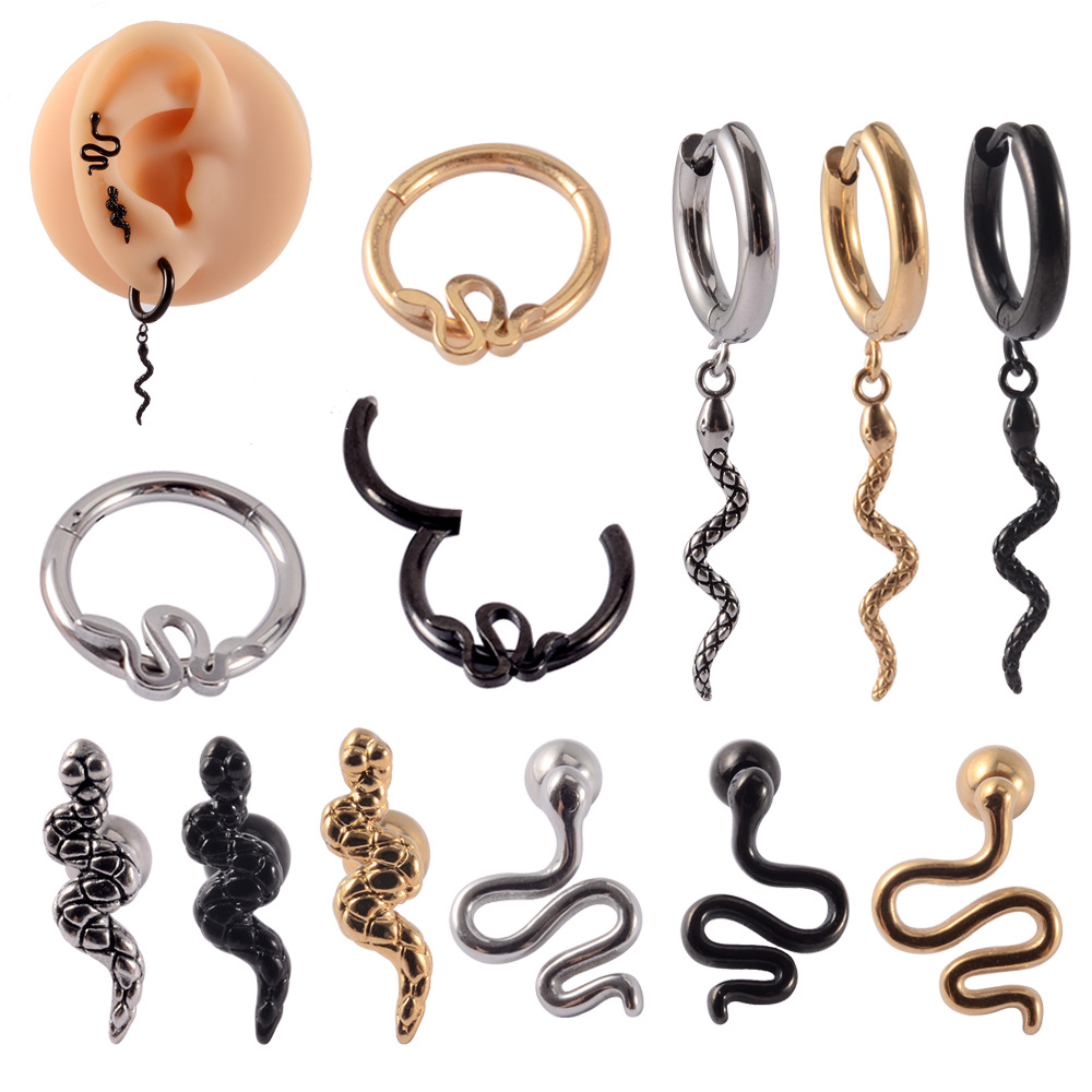 Cross-border Stainless Steel Snake Ear Stud Earrings Distinctive Small Snake Ear Bone Ring Curved Ear Buckle Closed Nasal Septum Nasal Ring