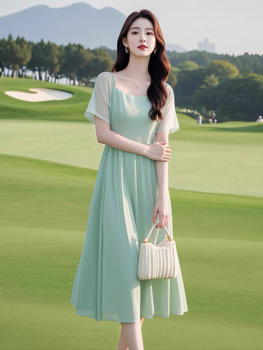 Super Beautiful and Elegant French-Style Chiffon Dress That Perfectly Covers the Belly and Makes You Look Slimmer, in a Fairy-Like Blue Color, Perfect for Summer