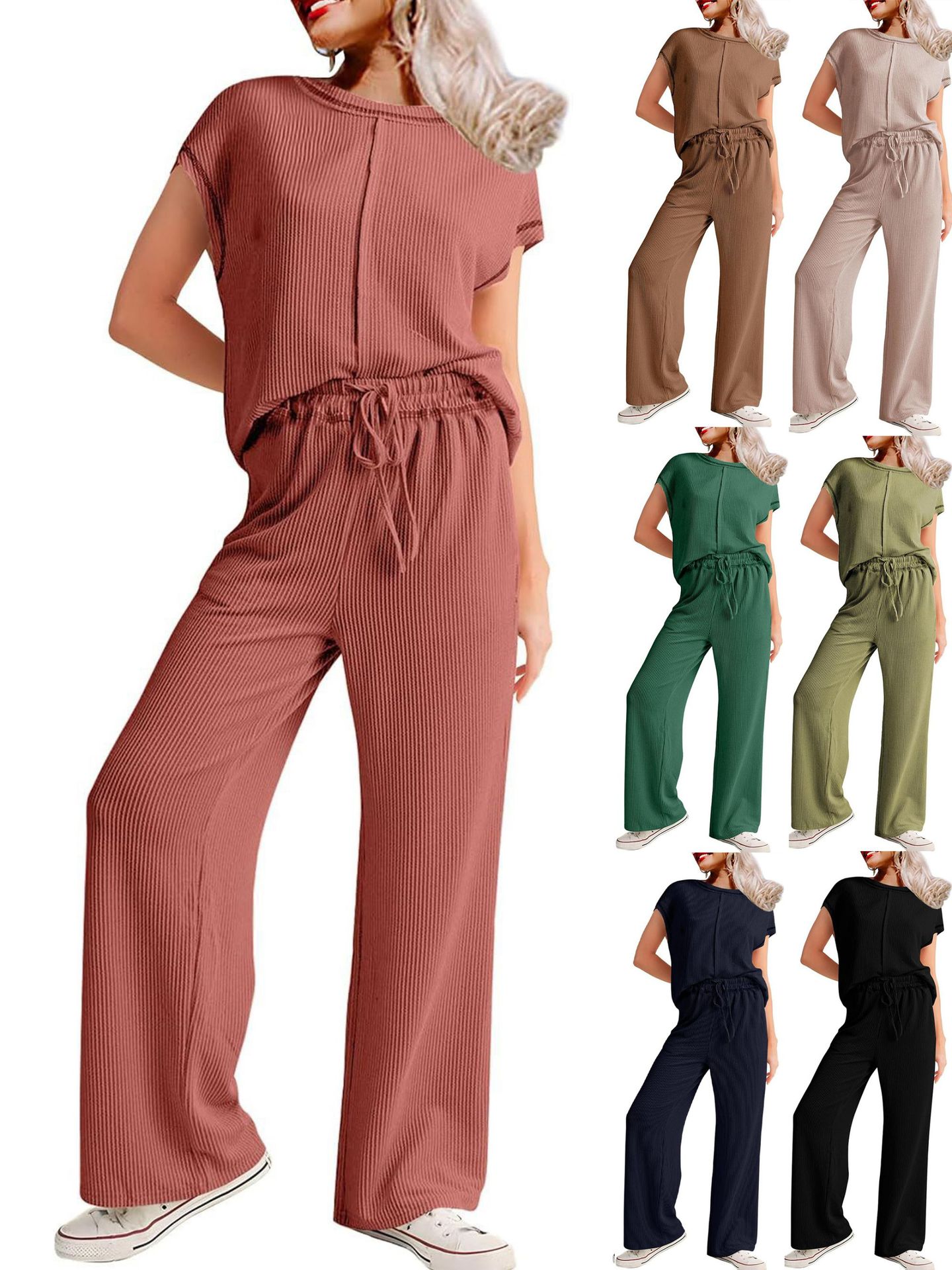2026 Amazon European and American Spring/Summer New Fashion Casual Women's Three-Quarter Sleeve Solid Color Commuting Pants Suit for Women