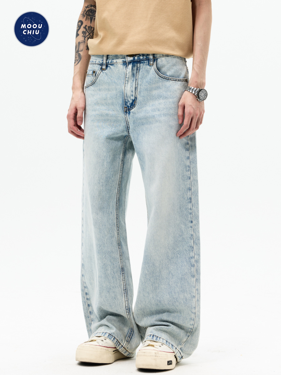 Muqiu Men's Wear | Snowflake Blue Washed Jeans for Men, Loose Straight-Leg, High-End Commuter Wide-Leg A-Line Long Pants
