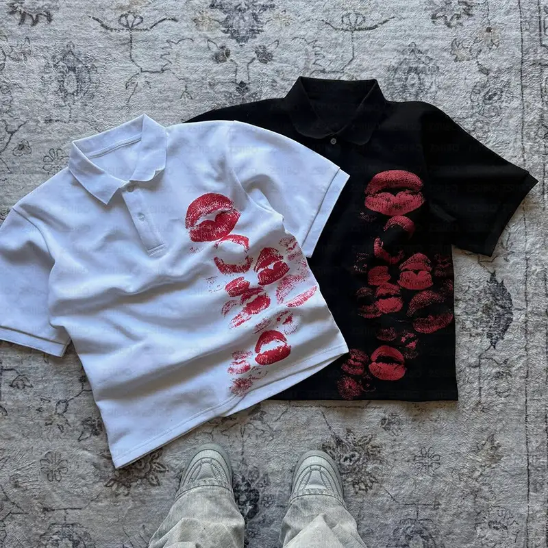 Korean Street Style Simple and Personalized Top Polo Collar Lip Print Cartoon Pattern Short-Sleeved Casual Straight Top