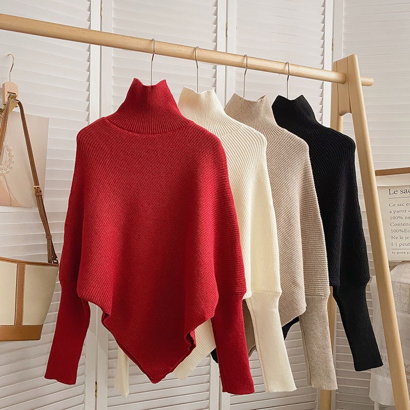 Knitted Knitwear Half Turtleneck Pure Color Versatile Warm Bat Knitwear Shawl Girls Cat Ning Autumn and Winter New Sweater Pullover