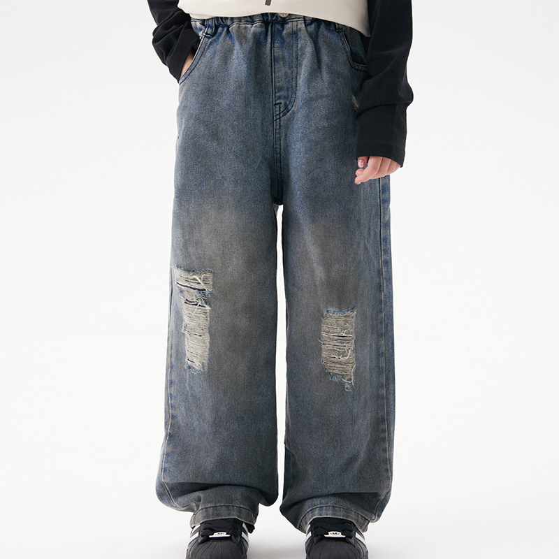 Vintage Ripped Jeans 2026 Autumn Loose Korean Style Ripped Jeans for Girls and Older Children